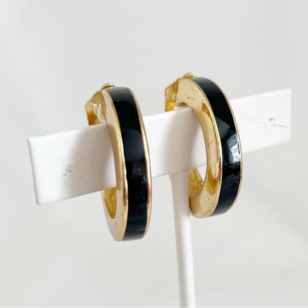 DIOR Black Enamel Gold Hoops Clip Earrings
